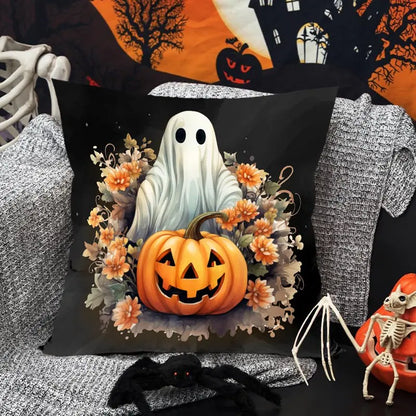 Halloween Linen Cushion Cover – Trick or Treat Theme Pillowcase with Cartoon Pumpkin & Ghost for Party Decoration