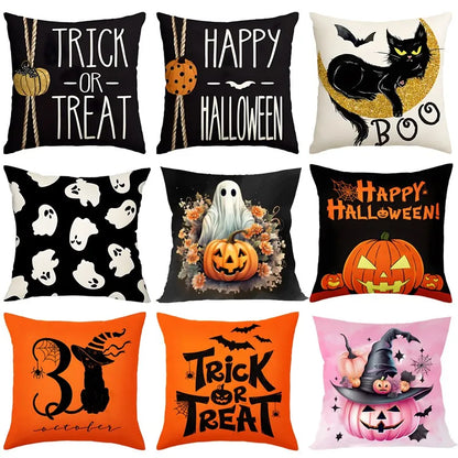 Halloween Linen Cushion Cover – Trick or Treat Theme Pillowcase with Cartoon Pumpkin & Ghost for Party Decoration