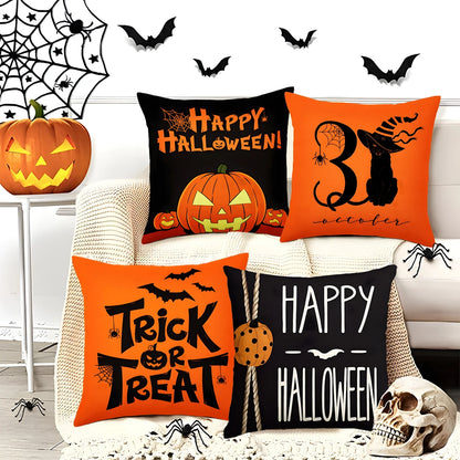 Halloween Linen Cushion Cover – Trick or Treat Theme Pillowcase with Cartoon Pumpkin & Ghost for Party Decoration