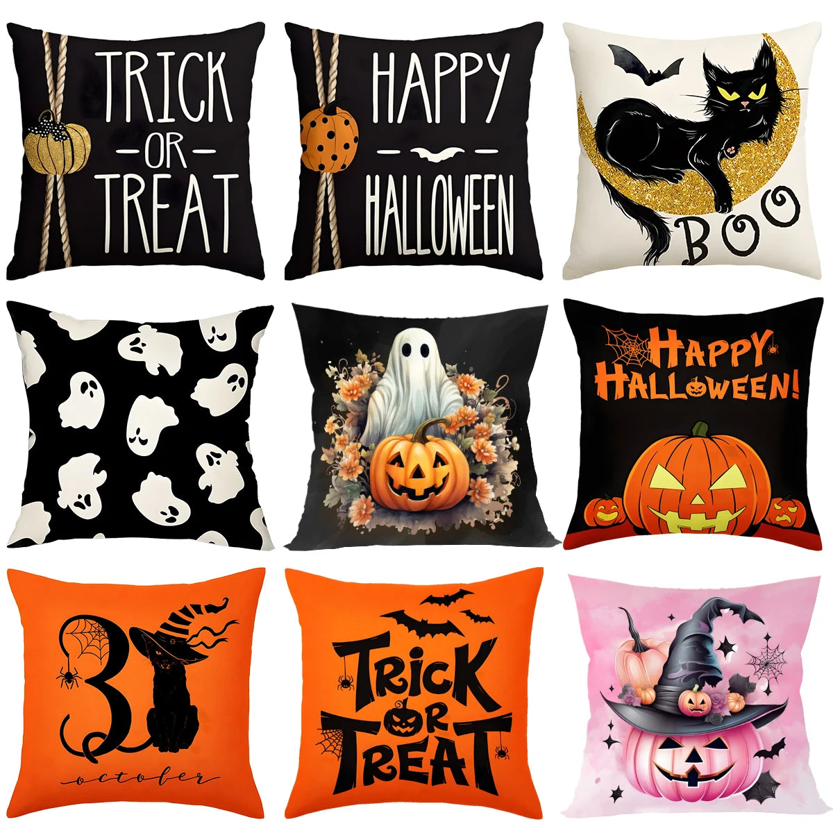 Halloween Linen Cushion Cover – Trick or Treat Theme Pillowcase with Cartoon Pumpkin & Ghost for Party Decoration