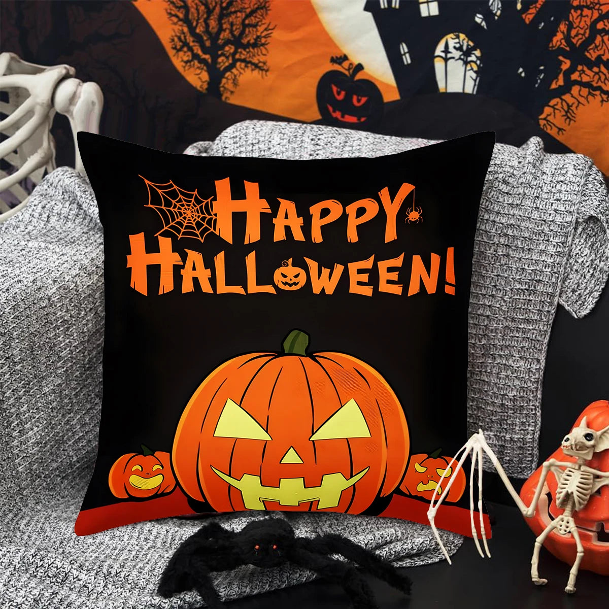 Halloween Linen Cushion Cover – Trick or Treat Theme Pillowcase with Cartoon Pumpkin & Ghost for Party Decoration