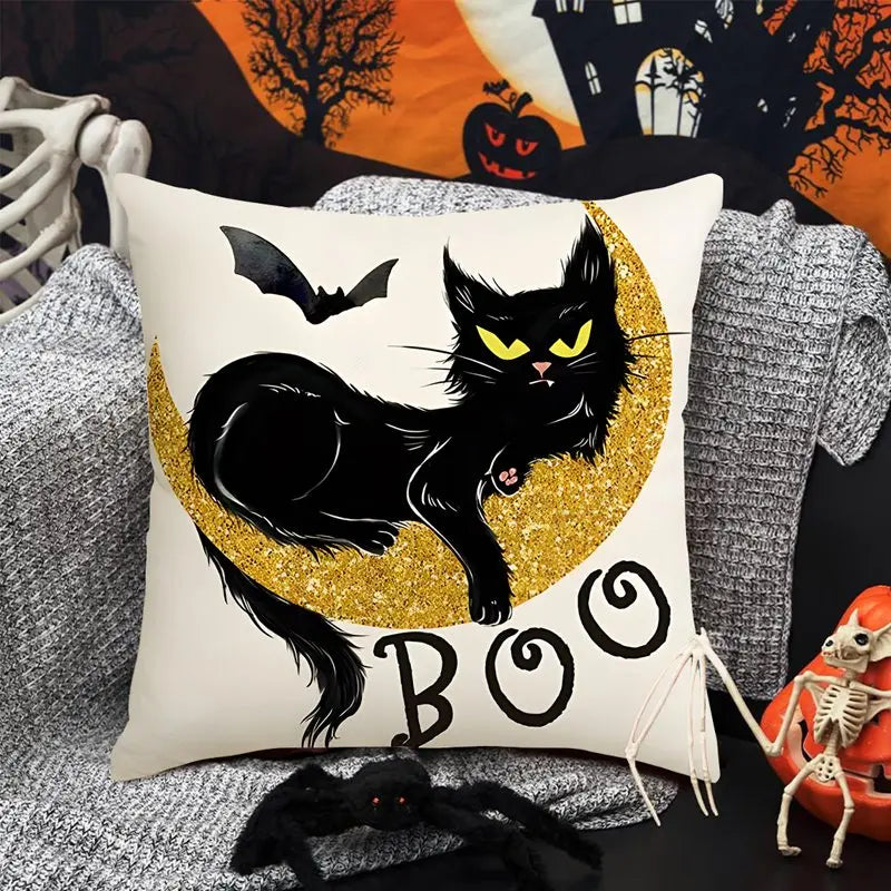 Halloween Linen Cushion Cover – Trick or Treat Theme Pillowcase with Cartoon Pumpkin & Ghost for Party Decoration