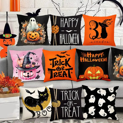 Halloween Linen Cushion Cover – Trick or Treat Theme Pillowcase with Cartoon Pumpkin & Ghost for Party Decoration