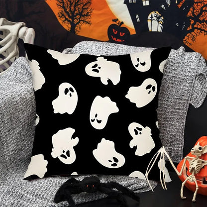 Halloween Linen Cushion Cover – Trick or Treat Theme Pillowcase with Cartoon Pumpkin & Ghost for Party Decoration