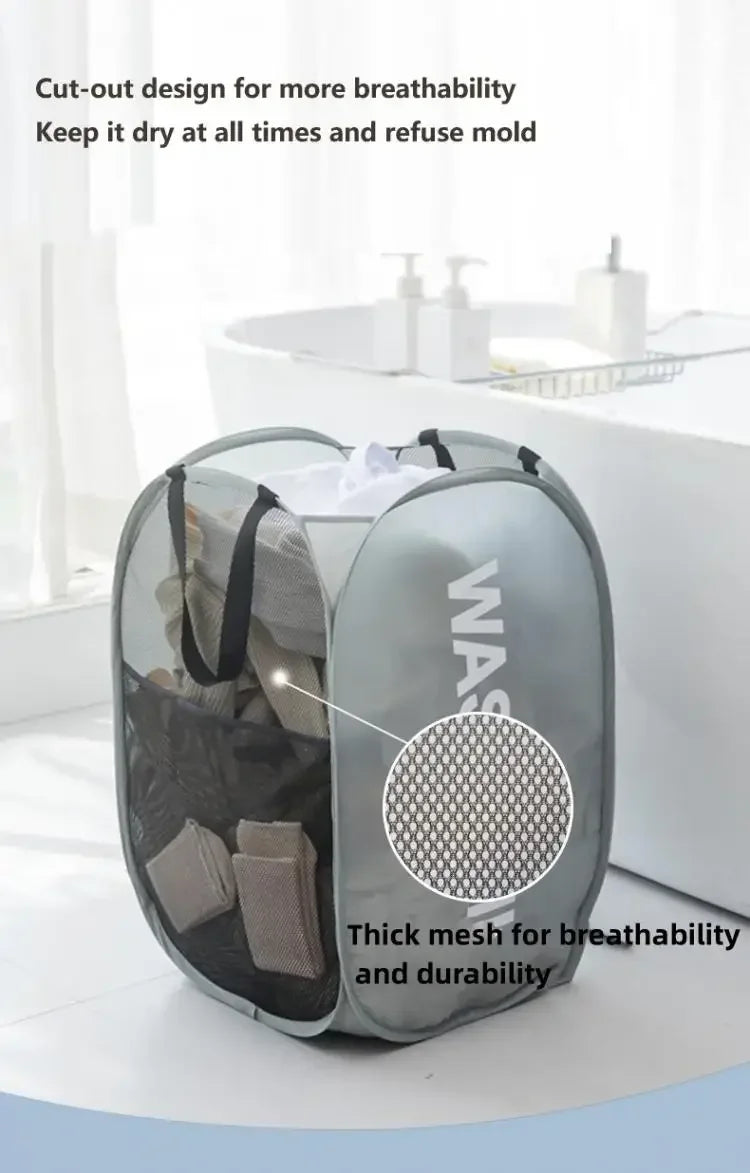 Folding Popup Mesh Laundry Basket – High Capacity, Washable Hamper for Clothes and Storage