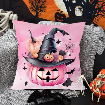 Halloween Linen Cushion Cover – Trick or Treat Theme Pillowcase with Cartoon Pumpkin & Ghost for Party Decoration