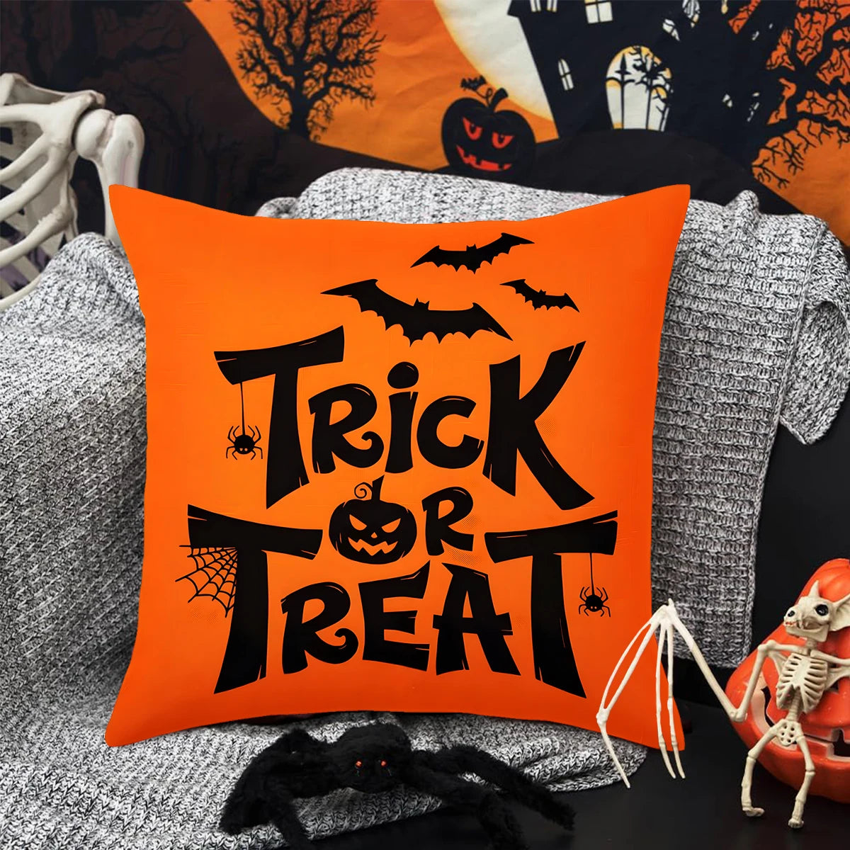 Halloween Linen Cushion Cover – Trick or Treat Theme Pillowcase with Cartoon Pumpkin & Ghost for Party Decoration