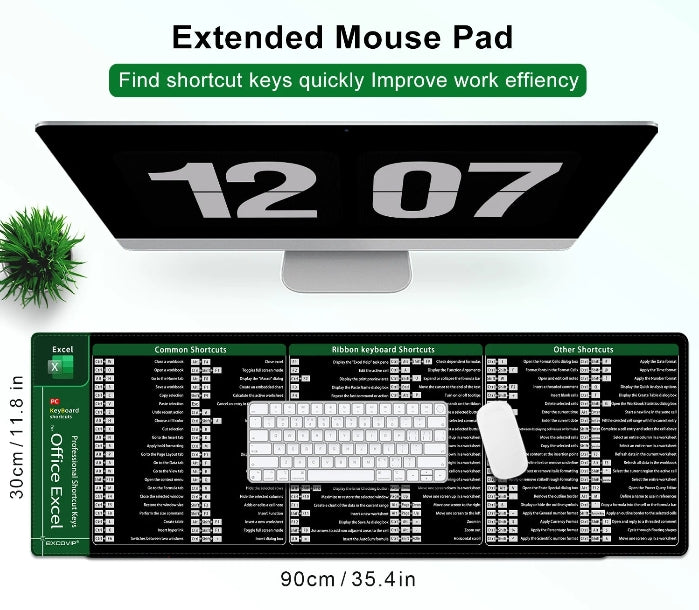 Excel Shortcuts Mouse Pad - Large Extended Desk Mat with Stitched Edge, Non-Slip Base for Keyboard & Mouse - OlimarShop 