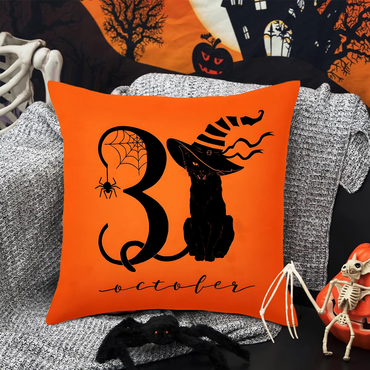 Halloween Linen Cushion Cover – Trick or Treat Theme Pillowcase with Cartoon Pumpkin & Ghost for Party Decoration