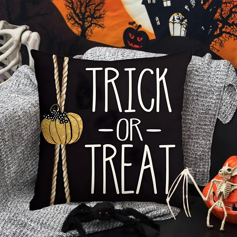 Halloween Linen Cushion Cover – Trick or Treat Theme Pillowcase with Cartoon Pumpkin & Ghost for Party Decoration